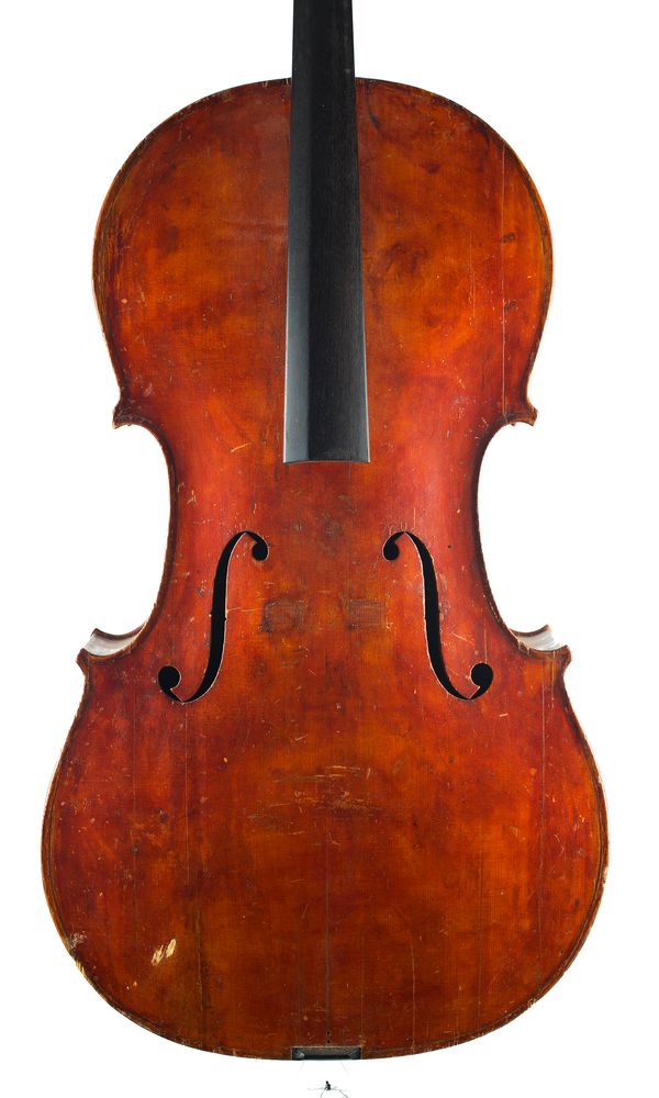 A cello, labelled Imported by Leslie Sheppard