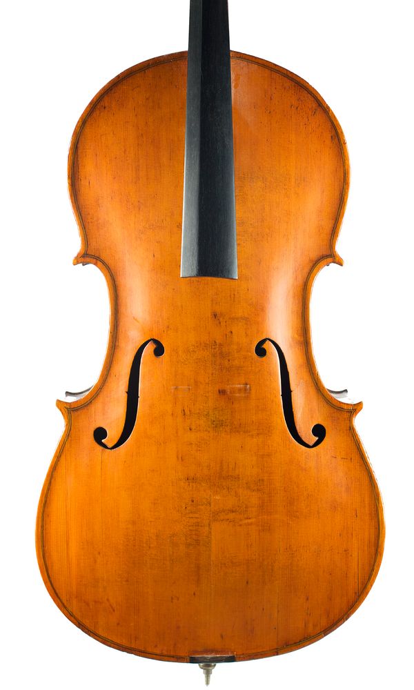 A cello, labelled Repaired and revarnished by L. G. Bates