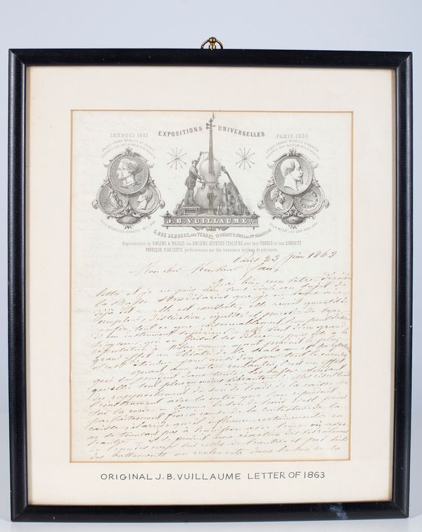 An original letter by Jean-Baptiste Vuillaume, Paris, 1863