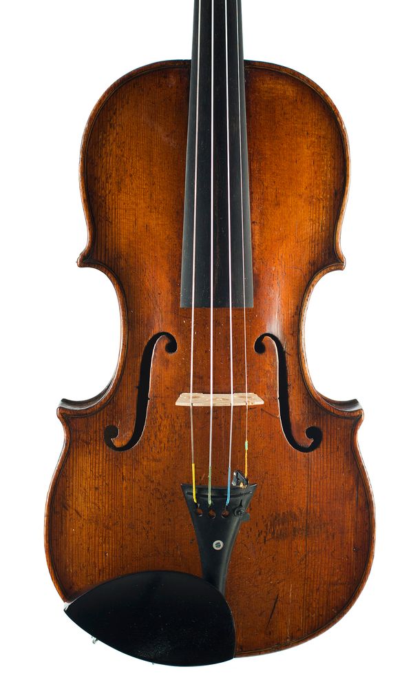 A violin, labelled Rep. A. F. Hoffmann, Kjøbenhavn