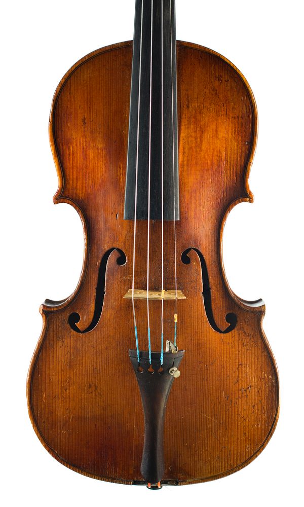 A violin, labelled Omlygget Alfred Nielsen