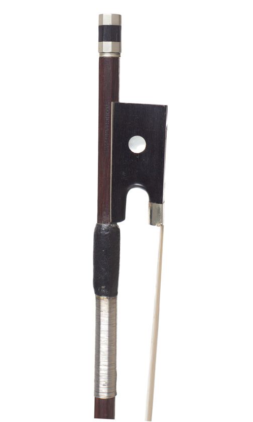 A nickel-mounted violin bow, stamped E. A. Ouchard