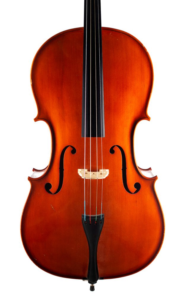 A cello, labelled Made in the Workshops of Andreas Zeller