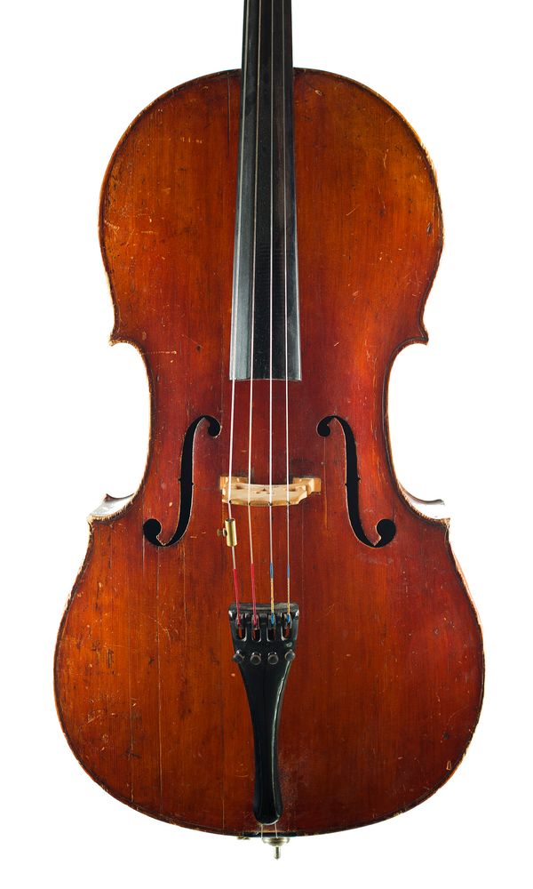 A small cello, labelled Restored by Sanderson & Taylor Ltd.