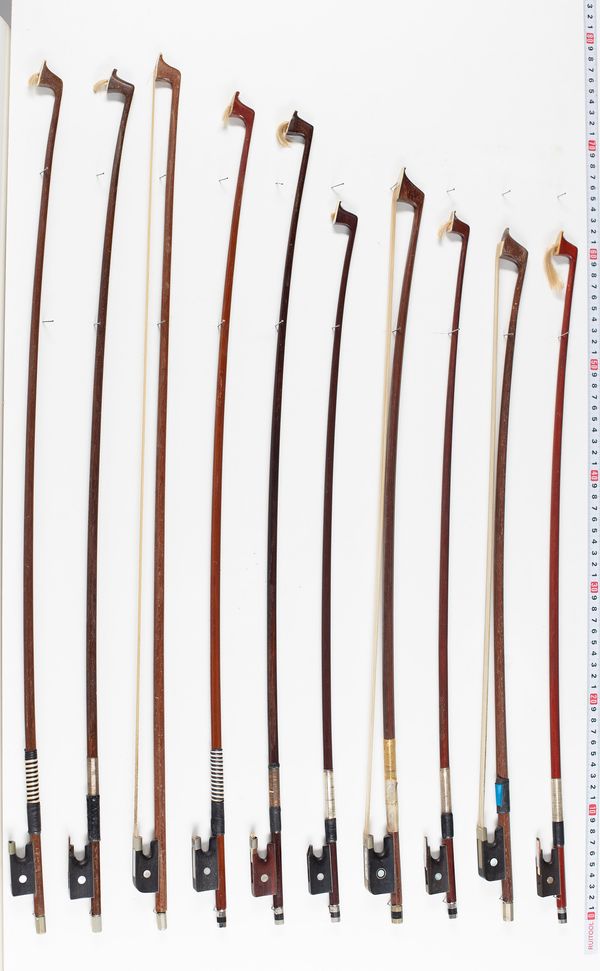 Eight violin bows and two cello bows, varying lengths