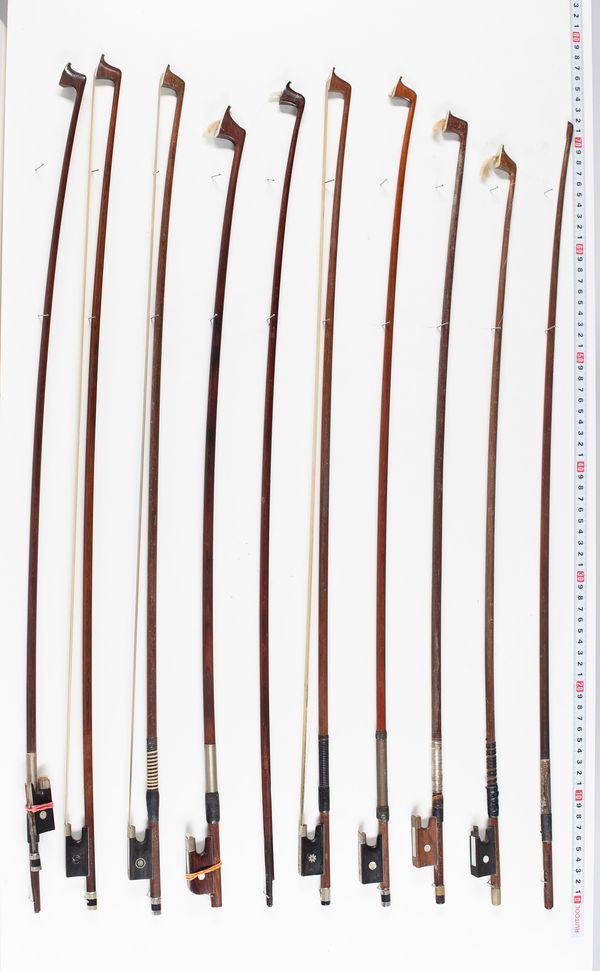 Eight  violin bows, one cello bow and one bow stick, varying lengths