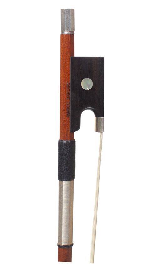 A nickel-mounted violin bow, stamped Marco Raposo
