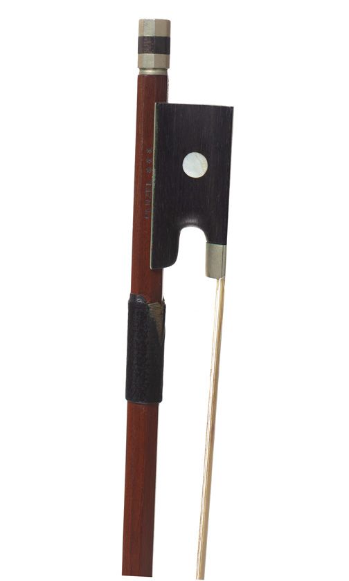 A nickel-mounted violin bow, branded Penzel