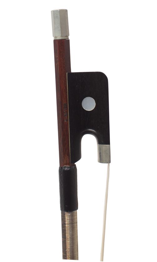 A nickel-mounted cello bow, stamped P. Hoyer