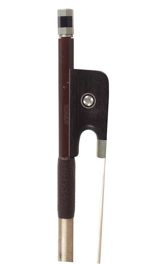 A nickel-mounted cello bow, branded Höfner