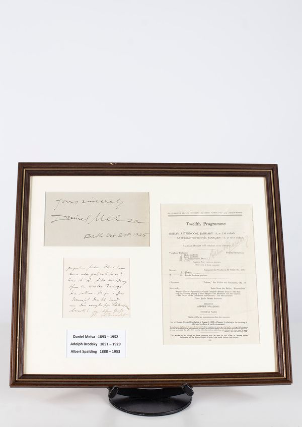 A framed set of autographs - Daniel Melsa, Adolph Brodsky, Albert Spalding