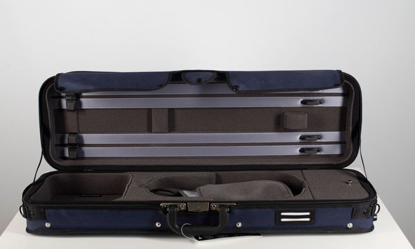 A violin case, branded Gewa