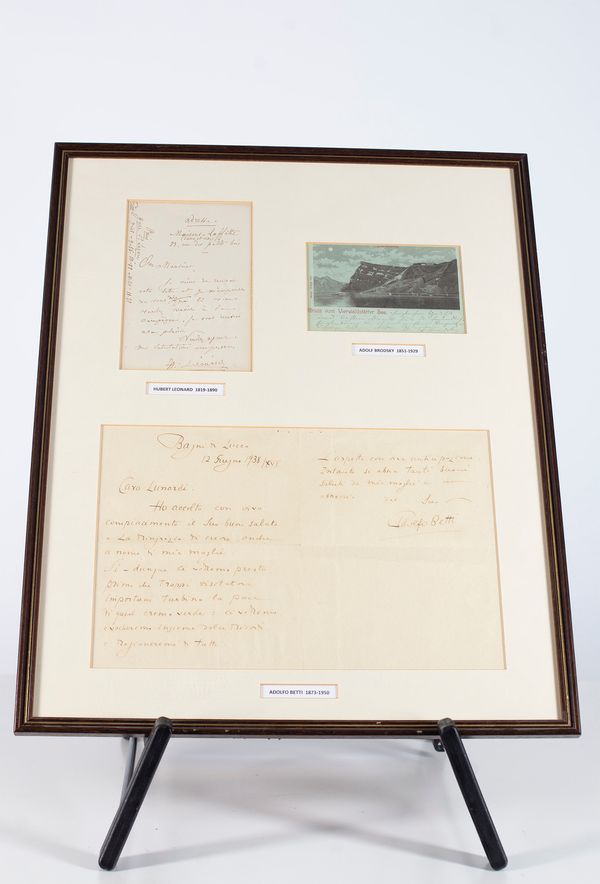 A framed set of autographs - Hubert Leonard, Adolf Brodsky and Adolfo Betti
