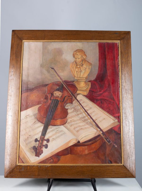 A framed painting depicting a violin, bow, music score and bust