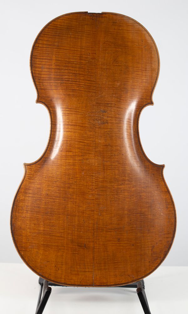 A cello back and scroll, labelled Made by Peter Wamsley