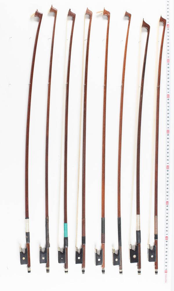 Seven violin bows and one cello bow, varying lengths