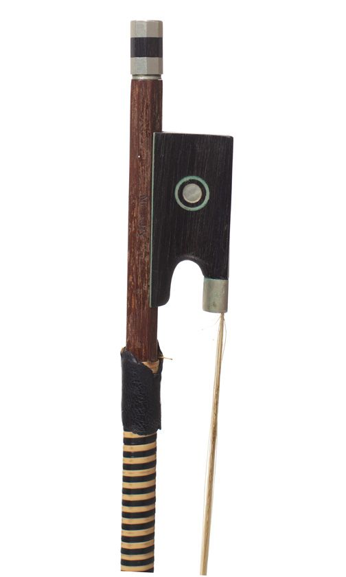 A nickel-mounted violin bow, stamped Voirin