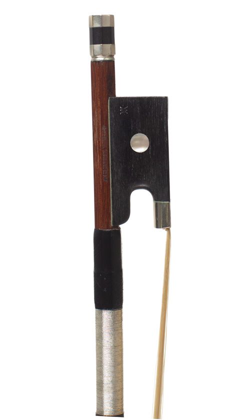 A nickel-mounted violin bow, stamped Arnold Voight