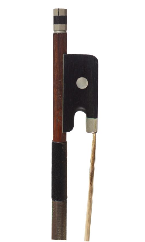 A nickel-mounted violin bow, stamped Kuenzel