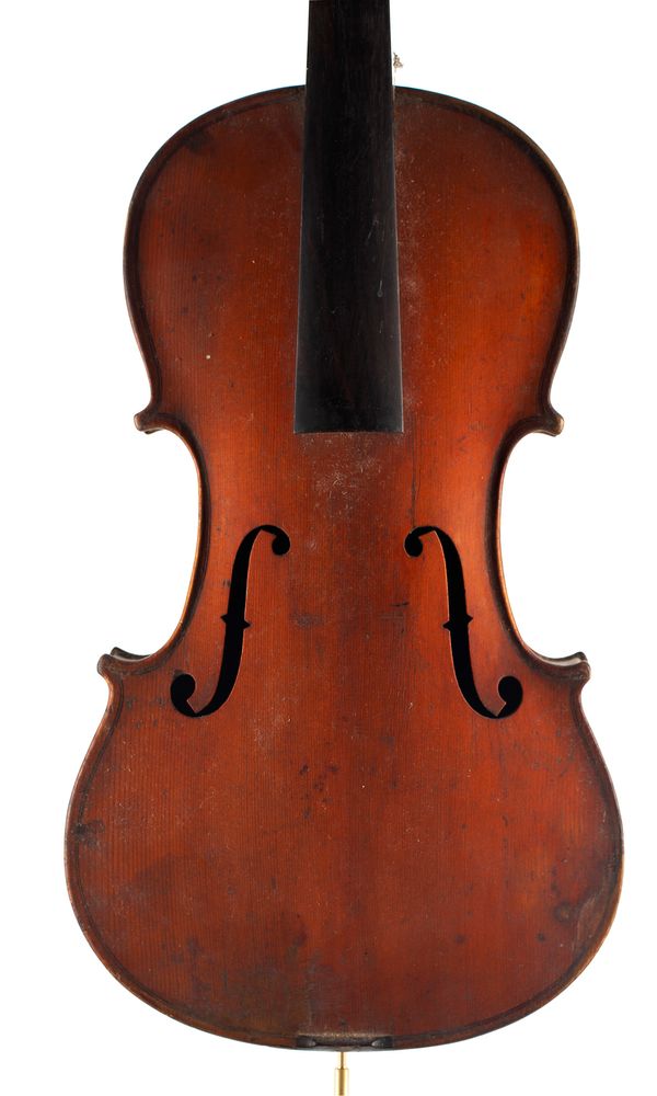 A violin, labelled M. Suzuki, Nagoya
