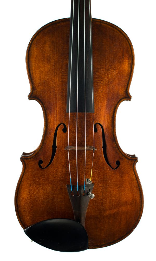 A violin, labelled Made by John Lamb