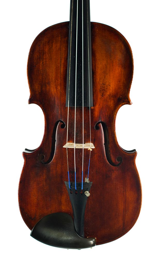 A violin, branded R. Duke