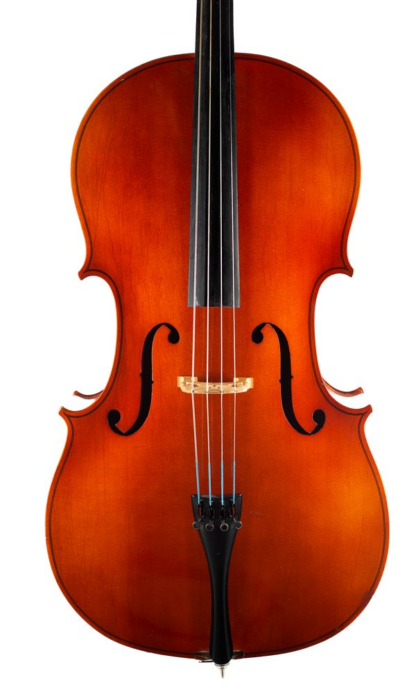 A cello, labelled Meister Eberhard Meinel