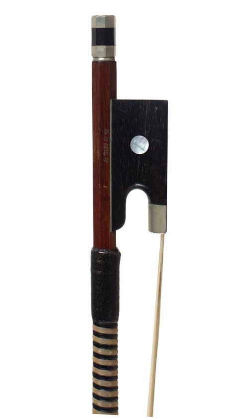 A nickel-mounted violin bow, stamped A Rau