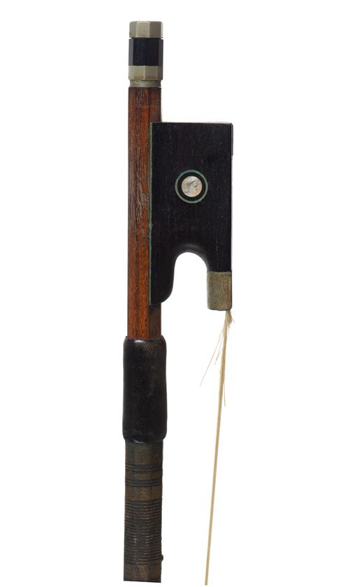 A nickel-mounted violin bow, stamped Bausch