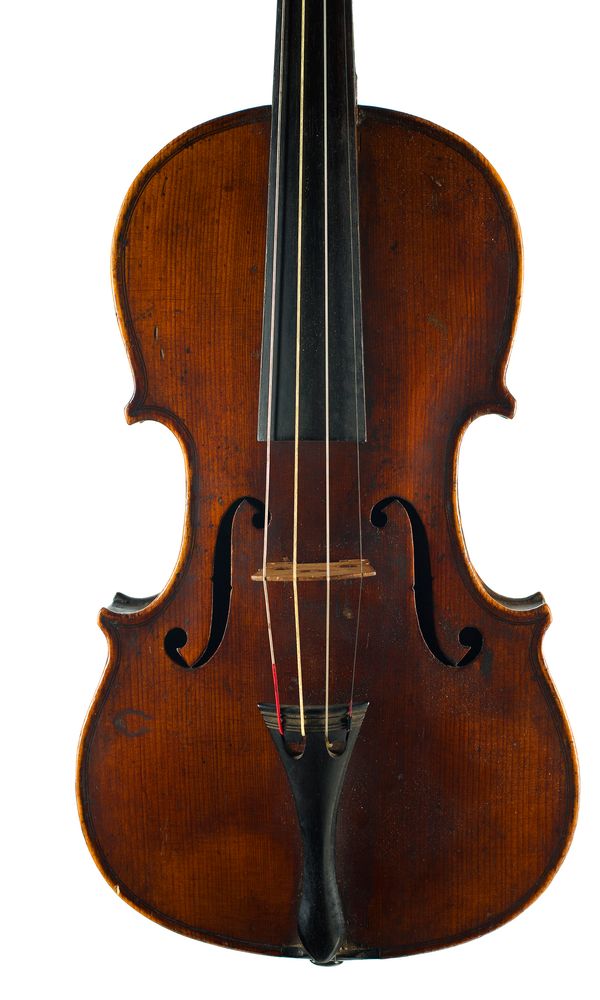 A violin, labelled Manufactured in Dresden