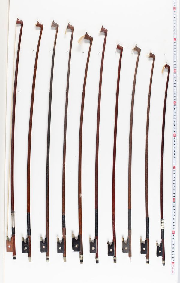 Seventeen violin bows, two cello bow and two bow sticks, varying lengths