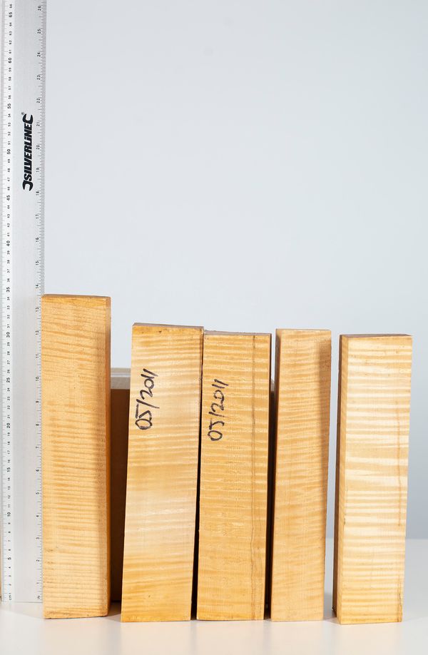 Five viola scroll blocks, maple