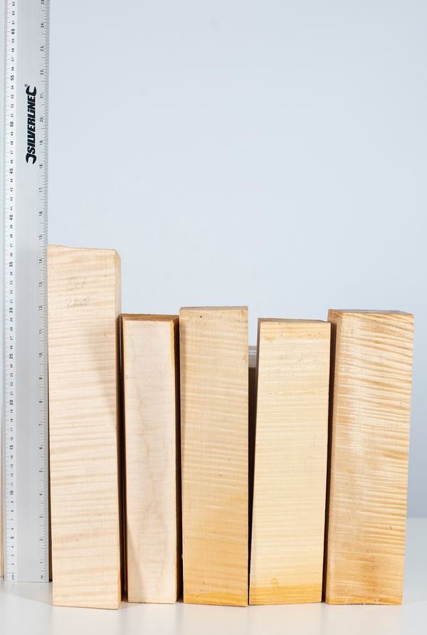 Five viola scroll blocks, maple