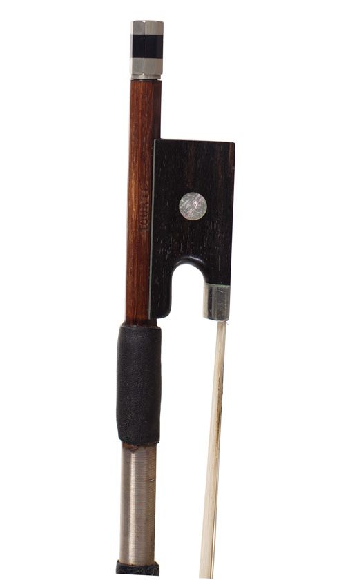 A nickel-mounted violin bow, stamped Tourte