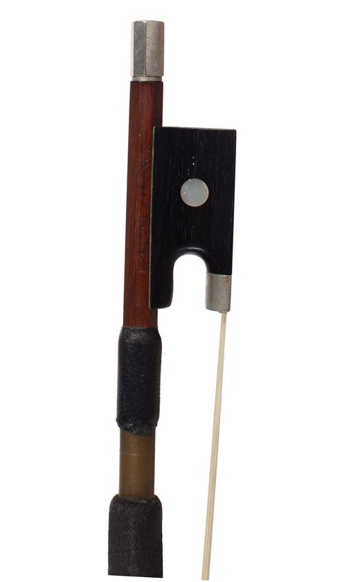 A nickel-mounted violin bow, stamped LaRoche France