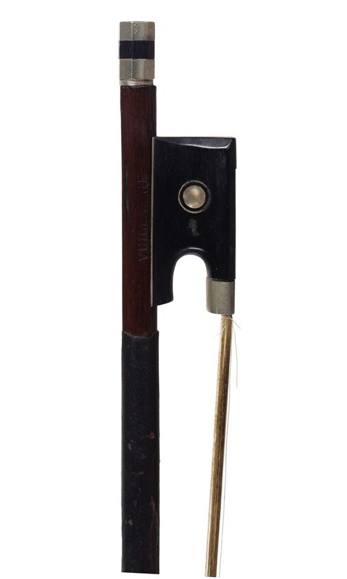 A nickel-mounted violin bow, stamped Vuillaume