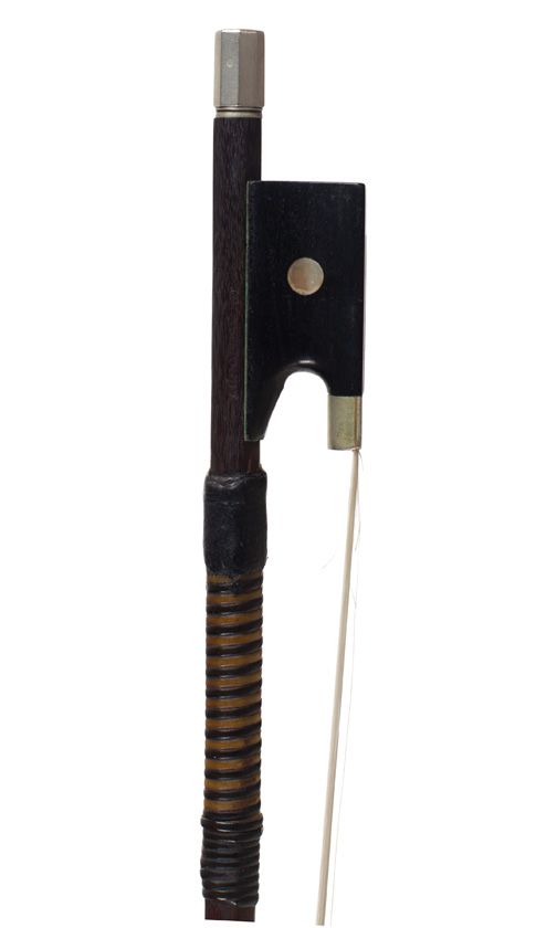 A nickel-mounted violin bow, stamped Arnold Voigt