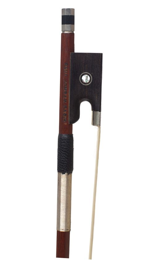 A nickel-mounted violin bow, stamped Paul Jombar