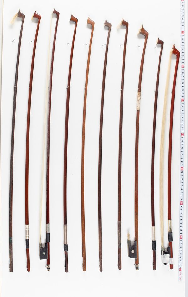 Six violin bows, two cello bows and eight sticks, various lengths