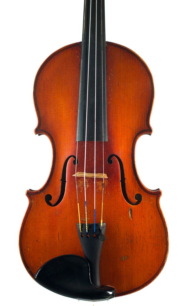 A three-quarter violin, labelled Le Parisien