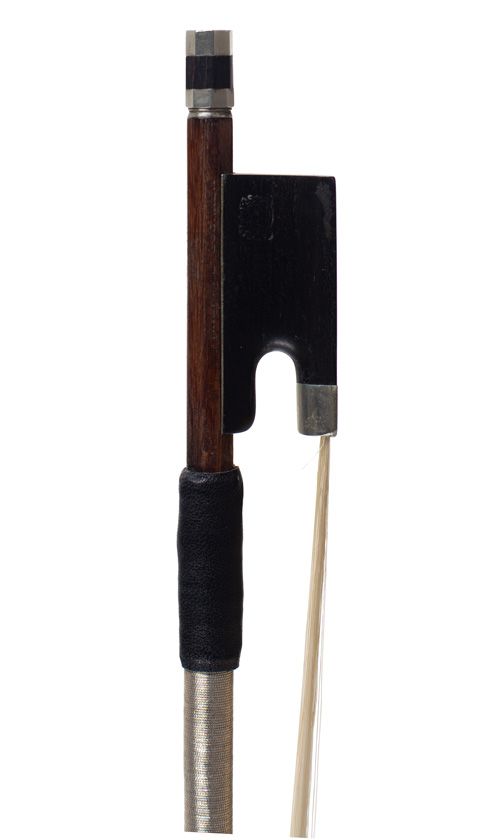 A nickel-mounted violin bow, stamped H.R. Pfretzschner