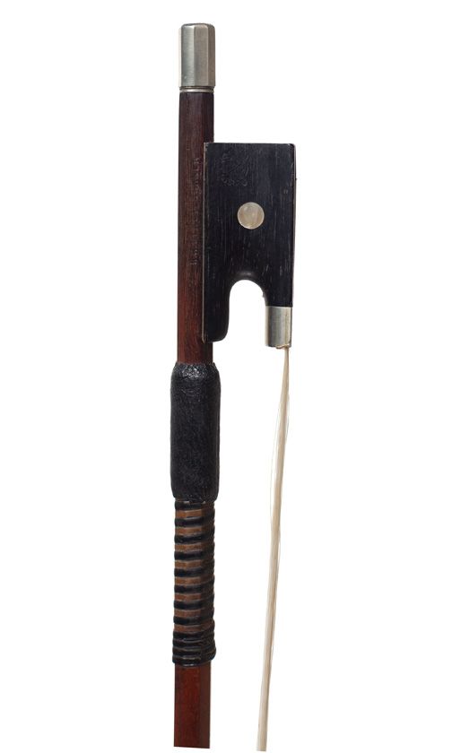 A nickel-mounted violin bow, stamped H. R. Pfretzschner