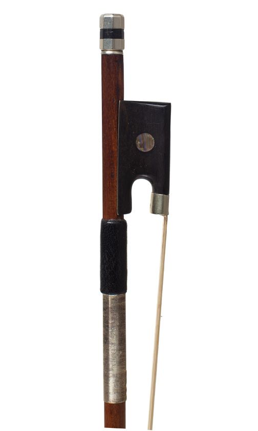 A nickel-mounted violin bow, stamped E. Bastien