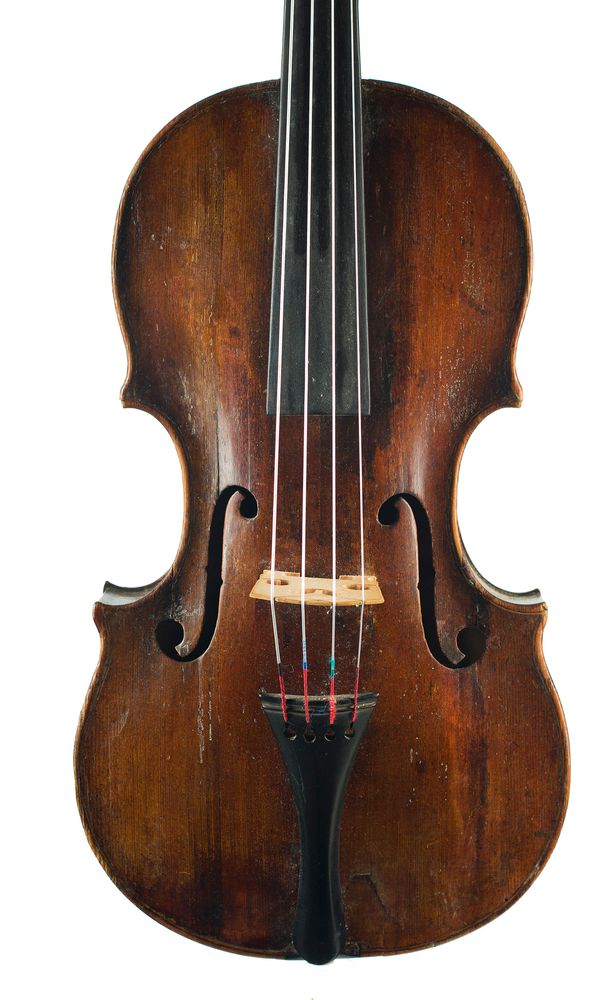 A large violin, labelled Seb. Klotz