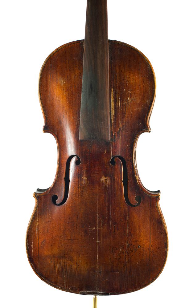 A violin, branded beneath on back