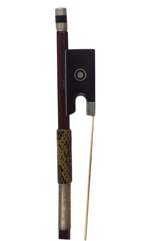 A nickel-mounted violin bow, stamped John Brasil