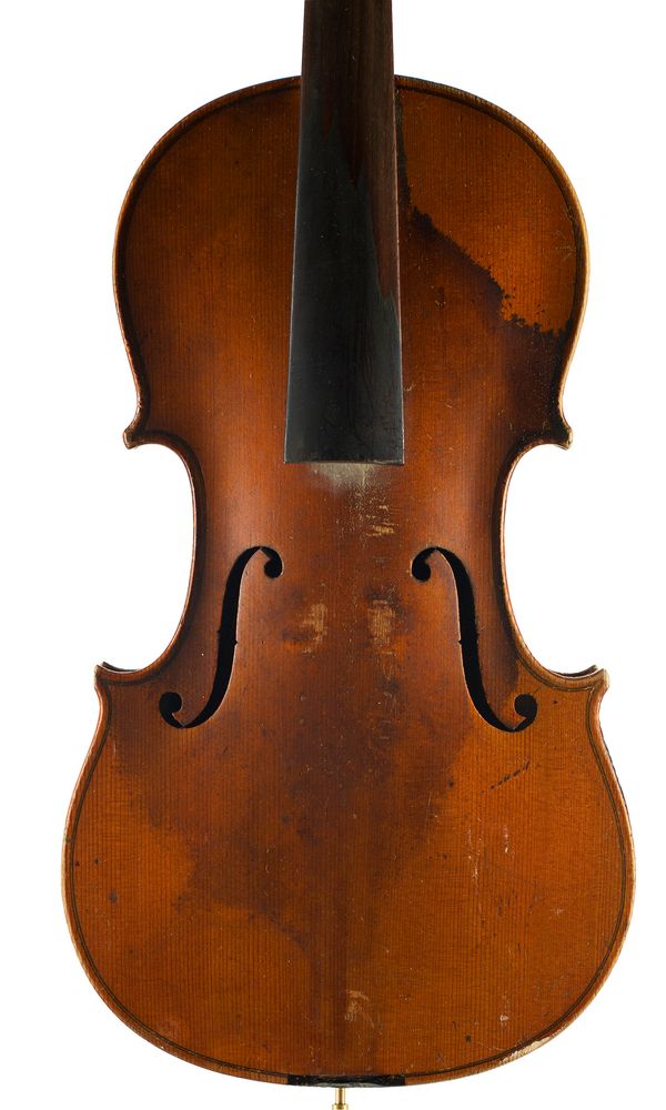 A violin, labelled Copy of Antonius Stradiuarius over 100 years old