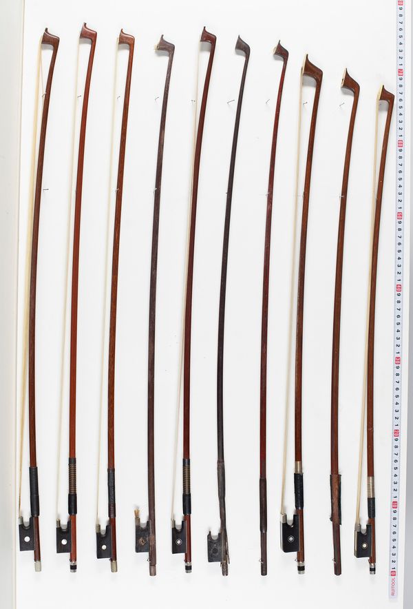 Twelve violin bows and two cello bows, varying lengths