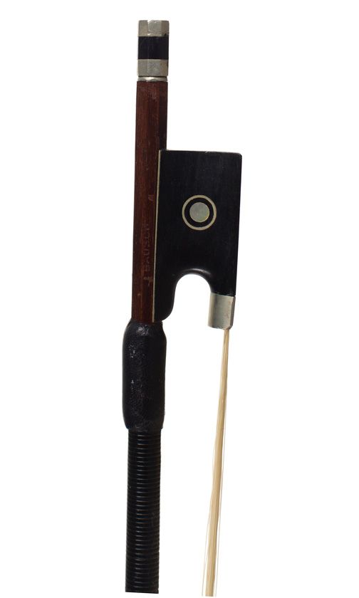 A nickel-mounted violin bow, stamped Bausch