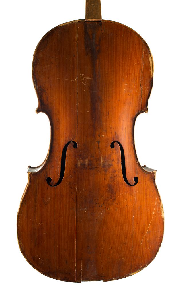 A cello, labelled The Apollo Rushworth & Dreaper